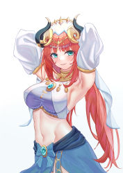 1girl absurdres armpits arms_behind_head arms_up bare_shoulders blue_eyes blue_skirt breasts brooch commentary cowboy_shot crop_top detached_sleeves genshin_impact grin groin highres horns jewelry large_breasts long_hair long_sleeves looking_at_viewer midriff navel nilou_(genshin_impact) parted_lips red_hair simple_background skirt sleeveless smile solo standing stomach styx veil very_long_hair white_background white_veil