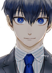 Rule 34 | 1boy, black hair, blue eyes, blue lock, blue necktie, bright pupils, closed mouth, collared shirt, commentary request, hair between eyes, isagi yoichi, lapels, looking at viewer, male focus, necktie, nori20170709, notched lapels, portrait, shirt, short hair, simple background, solo, striped clothes, striped shirt, twitter username, vertical-striped clothes, vertical-striped shirt, white background, white pupils