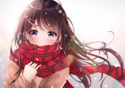 Rule 34 | 1girl, absurdres, blush, brown hair, brown jacket, commentary request, copyright request, hair ornament, hairclip, highres, jacket, lebring, long hair, messy hair, purple eyes, red scarf, scarf, sleeves past wrists, solo, striped clothes, striped sweater, sweater, tears, uniform