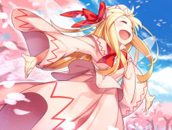 Rule 34 | 1girl, :d, ^ ^, asutora, blonde hair, blue sky, blush, bow, bowtie, cherry blossoms, closed eyes, cloud, cowboy shot, day, from below, happy, hat, hat bow, lily white, long hair, long skirt, long sleeves, open mouth, outdoors, outstretched arms, petals, pink hat, pink shirt, pink skirt, red bow, red bowtie, revision, shirt, skirt, sky, smile, solo, spring (season), standing, straight hair, touhou, tree, very long hair, wide sleeves, wings
