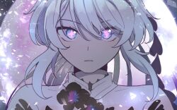 Rule 34 | + +, 1girl, 5rwpvc, bare shoulders, black flower, blue eyes, collar, collarbone, commentary request, detached collar, flower, hair between eyes, honkai (series), honkai impact 3rd, kiana kaslana, kiana kaslana (herrscher of finality), looking at viewer, parted lips, solo, upper body, white collar, white hair