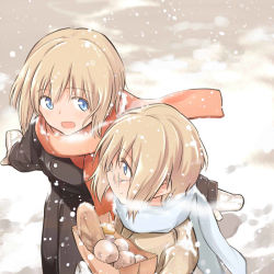 Rule 34 | 2girls, bag, blonde hair, blue eyes, blush, bread, erica hartmann, food, glasses, mittens, multiple girls, sandwich (artist), scarf, short hair, siblings, sisters, smile, snow, strike witches, strike witches: suomus misfits squadron, tsuchii (ramakifrau), ursula hartmann, world witches series