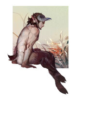 Rule 34 | 1boy, absurdres, angel and devil, animal ears, arms at sides, bara, beard, brown fur, completely nude, convenient leg, crossed legs, crrispy shark, facial hair, from side, full beard, full body, goat ears, goat legs, goat tail, highres, inset border, looking at viewer, male focus, mature male, monster boy, nude, original, profile, satyr, short hair, sideways glance, sitting, solo, thick eyebrows, toned, toned male