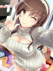 Rule 34 | 10s, 1girl, ;), alternate costume, ashigara (kancolle), bad id, bad twitter id, blush, breasts, brown hair, cleavage, cleavage cutout, clothing cutout, cowboy shot, hairband, hi-ho-, jpeg artifacts, kantai collection, large breasts, long hair, meme attire, messy room, one eye closed, open-chest sweater, reaching, reaching towards viewer, ribbed sweater, selfie, smile, solo, sweater, turtleneck, v, yellow eyes