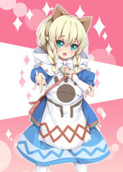 Rule 34 | 1girl, :d, animal ears, aqua eyes, bag, bell, blonde hair, blue dress, blush, braid, capelet, cat ears, commentary request, detached sleeves, dress, extra ears, hair between eyes, head tilt, hood, hood down, hooded capelet, long hair, long sleeves, looking at viewer, meowstress, milkpanda, monster hunter (series), open mouth, outstretched arm, paw print, pointy ears, puffy short sleeves, puffy sleeves, short sleeves, shoulder bag, smile, solo, sparkle, twin braids, white capelet