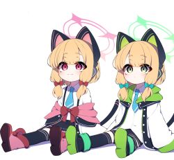 Rule 34 | 2girls, absurdres, animal ear headphones, animal ears, black skirt, black thighhighs, blonde hair, blue archive, blue necktie, blush, bow, cat ear headphones, cat tail, fake animal ears, hair bow, halo, headphones, highres, hood, hooded jacket, imitating, jacket, looking ahead, looking at another, midori (blue archive), momoi (blue archive), multiple girls, necktie, o2h2 oh4, outstretched legs, shirt, siblings, sidelocks, simple background, sisters, sitting, skirt, sleeves past fingers, sleeves past wrists, smile, tail, thighhighs, twins, white background, white shirt