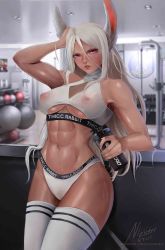 Rule 34 | 1girl, abs, absurdres, bare shoulders, blurry, boku no hero academia, bottle, breasts, cameltoe, covered erect nipples, cowboy shot, depth of field, english text, gym, gym equipment, hand on head, highres, holding, holding bottle, large breasts, long hair, looking at viewer, meister staze, mirko, muscular, muscular female, navel, nipples, panties, rabbit girl, red eyes, see-through, solo, sweat, thighhighs, toned, underboob, underwear, water bottle, white hair, white panties, white thighhighs, white top