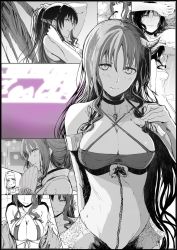 Rule 34 | 1girl, bad id, bad twitter id, bare shoulders, bikini, breasts, cleavage, collarbone, fate/grand order, fate (series), greyscale, hand fan, japanese clothes, kimono, long hair, looking at viewer, monochrome, nun, sessyoin kiara, smile, solo, sweat, swimsuit, syatey, very long hair