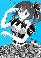 Rule 34 | 1girl, absurdres, blue background, blue eyes, blush, bustier, chuunibyou demo koi ga shitai!, commentary request, dress, eyepatch, eyepatch pull, frilled bustier, gloves, gothic lolita, greyscale with colored background, grin, highres, layered dress, layered sleeves, lolita fashion, long sleeves, looking at viewer, medium hair, nitori nitrous, puffy short sleeves, puffy sleeves, short over long sleeves, short sleeves, simple background, smile, solo, spot color, takanashi rikka