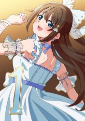 Rule 34 | 1girl, anata no risou no heroine, back, blue eyes, blush, bow, breasts, brown background, brown hair, earrings, from behind, gradient background, hair between eyes, hair bow, hair ornament, half updo, highres, jewelry, long hair, looking at viewer, love live!, love live! nijigasaki high school idol club, medium breasts, numbered, open mouth, osaka shizuku, sidelocks, solo, standing, star (symbol), star hair ornament, taiyakippassion, teeth, upper body, upper teeth only, white bow