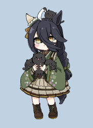 Rule 34 | 1girl, :d, ahoge, animal, animal ears, animal on head, black cat, black hair, blush stickers, boots, braid, brown eyes, brown footwear, brown skirt, cat, chibi, commentary, full body, green kimono, grey background, hair between eyes, highres, holding, holding animal, horse ears, horse girl, horse tail, japanese clothes, kimono, long hair, long sleeves, manhattan cafe (umamusume), nozo (hitomiz), on head, open mouth, parted lips, pleated skirt, simple background, skirt, sleeves past wrists, smile, solo, standing, tail, umamusume, very long hair, wide sleeves