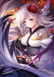 Rule 34 | 1girl, artist name, autumn leaves, azur lane, black gloves, blue eyes, blurry, blush, breasts, closed mouth, depth of field, fingerless gloves, floating hair, flower, gloves, hair flower, hair ornament, highres, holding, japanese clothes, kimono, looking at viewer, medium breasts, mole, mole under eye, obi, paint musume, sash, shoukaku (azur lane), signature, silver hair, solo, spider lily, twitter username, white kimono, wide sleeves
