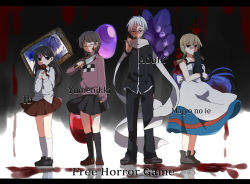 Rule 34 | 1boy, 3girls, ao oni, black cat, black eyes, black skirt, blonde hair, blood, blood on face, bloody knife, blouse, blue hair, boots, bow, braid, brown hair, cat, child, collarbone, copyright name, crossover, dress, ellen (majo no ie), english text, fingernails, flower, garry (ib), glasses, green eyes, hair bow, handprint, highres, hiroshi (ao oni), holding, ib (ib), ib (kouri), jewelry, knife, lighter, long hair, looking at another, looking at viewer, madotsuki, majo no ie, multiple crossover, multiple girls, painting (object), pants, pink shirt, red bow, red eyes, red flower, red rose, red skirt, rose, safaia, scarf, shadow, shirt, shoes, short hair, sidelocks, skirt, souen senri, sweat, twintails, viola (majo no ie), weapon, white hair, yume nikki