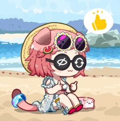 Rule 34 | 1girl, animal ears, arknights, beach, bikini, character request, chibi, chibi only, dog-san, dog ears, dog girl, glasses, goldenglow (arknights), highres, pink hair, short hair, sitting, solo, sunglasses, swimsuit, thumbs up