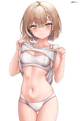 Rule 34 | 1girl, ahoge, blush, bra, braid, brown eyes, brown hair, closed mouth, clothes lift, french braid, highres, hololive, hololive english, looking at viewer, nanashi mumei, navel, official alternate hairstyle, panties, shirt lift, short hair, signature, simple background, solo, stomach, underwear, vini (frisco), virtual youtuber, white background, white panties