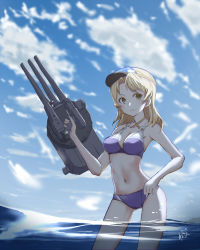 Rule 34 | 1girl, bare arms, bare shoulders, bikini, blonde hair, blue sky, blurry, breasts, cannon, cleavage, cloud, commentary request, day, halterneck, hand on own hip, houston (kancolle), kantai collection, large breasts, long hair, looking at viewer, machinery, medium breasts, navel, neve (morris-minicooper), ocean, outdoors, purple bikini, sky, smile, solo, swimsuit, turret, visor cap, wading, water, yellow eyes