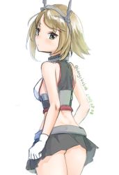 Rule 34 | 1girl, ass, back, bare arms, bare shoulders, breasts, brown hair, commentary request, dated, gloves, green eyes, hairband, kangoku kou, kantai collection, large breasts, looking at viewer, looking back, miniskirt, mutsu (kancolle), one-hour drawing challenge, short hair, skirt, sleeveless, solo, standing, twitter username, white gloves
