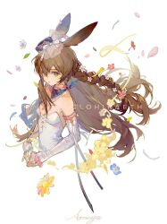 Rule 34 | 1girl, amiya (arknights), animal ears, arknights, bare shoulders, blue eyes, blue flower, blue neckerchief, braid, breasts, brown hair, character name, detached sleeves, dress, falling flower, falling petals, fingerless gloves, flower, gloves, hair flower, hair ornament, hat, highres, jewelry, long hair, looking at viewer, multiple rings, neckerchief, petals, qinghejunzi, rabbit ears, ring, see-through, simple background, single braid, small breasts, solo, strapless, strapless dress, upper body, very long hair, white background, white dress, white flower, wind, yellow flower