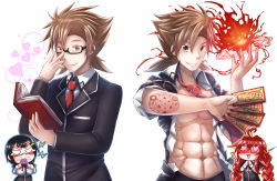 Rule 34 | 1boy, 2girls, abs, absurdres, adjusting eyewear, ahoge, alternate breast size, alternate universe, arkfield, blood, book, brown hair, chibi, chibi inset, female pervert, fire, glasses, grin, heart, heart-shaped pupils, heart ahoge, high school dxd, highres, hyoudou issei, jealous, magic, magic circle, multiple girls, muscular, necktie, nosebleed, out of character, pervert, rias gremory, school uniform, smile, sona sitri, symbol-shaped pupils, talisman, talismans, tattoo, torn clothes