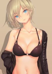 Rule 34 | 10s, 1girl, anastasia (idolmaster), arm at side, bare shoulders, bikini, black bikini, black jacket, blonde hair, blush, breasts, brown background, cleavage, closed mouth, clothes writing, collarbone, commentary, eleaclarisse, hair between eyes, head tilt, highres, idolmaster, idolmaster cinderella girls, jacket, lips, medium breasts, navel, off shoulder, pink lips, shiny skin, short hair, simple background, solo, stomach, swimsuit, tsurime, upper body