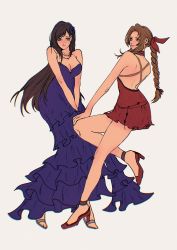 Rule 34 | 2girls, aerith gainsborough, alternate color, backless dress, backless outfit, bare arms, black hair, blue dress, blue flower, braid, braided ponytail, breasts, brown eyes, brown hair, cleavage, cosplay, costume switch, dress, final fantasy, final fantasy vii, final fantasy vii remake, flower, full body, green eyes, grey background, grey footwear, hair flower, hair ornament, hair ribbon, hand on own knee, high heels, highres, large breasts, legs, lingerie, long dress, long hair, multiple girls, negligee, parted bangs, red dress, red footwear, red ribbon, ribbon, sera (serappi), short dress, sidelocks, simple background, square enix, straight hair, strapless, strapless dress, tifa lockhart, underwear, v arms, wall market