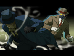 Rule 34 | 2boys, aura, blazer, capcom, coat, crossover, dc comics, faceless, fedora, formal, gb (doubleleaf), gloves, glowing, glowing eyes, hat, jacket, letterboxed, male focus, mask, multiple boys, necktie, q (street fighter), running, street fighter, street fighter iii (series), suit, the question, trench coat, white gloves