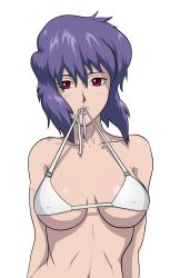 Rule 34 | 1girl, absurdres, bikini, bikini in mouth, breasts, clothes in mouth, covered erect nipples, futurenoir, ghost in the shell, highres, kusanagi motoko, lips, mouth hold, purple hair, red eyes, short hair, solo, swimsuit, underboob, upper body, white bikini
