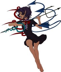 Rule 34 | 1girl, asymmetrical wings, barefoot, black dress, black hair, breasts, dress, egawa satsuki, fang, full body, hip focus, holding, holding weapon, houjuu nue, legs, looking to the side, open mouth, pointy ears, polearm, sharp teeth, short dress, short hair, short sleeves, simple background, small breasts, snake, solo, teeth, touhou, trident, weapon, white background, wings