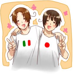 2boys ahoge arm_around_shoulder axis_powers_hetalia brown_hair closed_eyes commentary_request facing_viewer happy_aura honnomusi323 italian_flag japan_(hetalia) japanese_flag male_focus multiple_boys northern_italy_(hetalia) shirt short_hair upper_body v white_shirt yellow_background