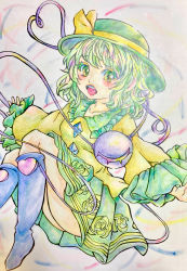 Rule 34 | 0917yuka, 1girl, blouse, blue socks, breasts, colored pencil (medium), eyeball, floral print, foot out of frame, frilled shirt collar, frilled sleeves, frills, green eyes, green hair, green hat, green skirt, hat, hat ribbon, highres, kneehighs, komeiji koishi, long sleeves, looking at viewer, medium hair, no shoes, open mouth, pastel colors, print skirt, ribbon, rose print, shirt, simple background, skirt, small breasts, socks, solo, teeth, third eye, touhou, traditional media, upper teeth only, white background, yellow ribbon, yellow shirt