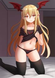 Rule 34 | 1girl, bat wings, black panties, black shirt, black thighhighs, blonde hair, blurry, blurry background, blush, bow, bow panties, closed mouth, clothes lift, collarbone, commentary, depth of field, english commentary, granblue fantasy, groin, hair between eyes, head tilt, head wings, highres, indoors, kazenokaze, kneeling, lifted by self, long hair, looking at viewer, navel, no pants, no shoes, off shoulder, panties, pointy ears, red eyes, red wings, shirt, shirt lift, short sleeves, skindentation, solo, thighhighs, thighs, underwear, vampy, very long hair, wavy mouth, wings