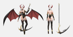 Rule 34 | 1girl, absurdres, ass, back, backless leotard, bare shoulders, breasts, bridal gauntlets, demon girl, demon horns, demon wings, detached collar, full body, gluteal fold, grey hair, high heels, highres, holding, holding scythe, horns, leotard, long hair, looking at viewer, medium breasts, multiple views, original, pointy ears, red eyes, scythe, simonz1987, simple background, slit pupils, strapless, strapless leotard, thighhighs, white background, wings