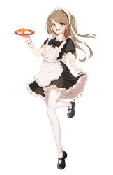 Rule 34 | 1girl, :d, absurdres, apron, black bow, black footwear, black neckwear, blush, bow, brown eyes, brown hair, commission, food, full body, gya (144), highres, holding, holding plate, long hair, maid, maid headdress, open mouth, original, plate, short sleeves, simple background, skirt hold, smile, standing, standing on one leg, sushi, thighhighs, twitter username, white background, wrist cuffs