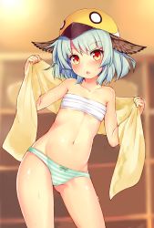 Rule 34 | 1girl, blue hair, blush, breasts, female focus, hat, head wings, highres, kida kuro mu, lord of walkure, navel, open mouth, panties, sarashi, small breasts, solo, striped clothes, striped panties, suzume (lord of walkure), towel, underwear, wings
