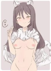 Rule 34 | 1girl, animal ears, black hair, breasts, closed mouth, commentary request, grey background, groin, hand up, highres, kohaku q, long hair, looking at viewer, medium breasts, navel, nipples, princess connect!, shiori (princess connect!), simple background, sketch, smile, solo, tail, v, yellow eyes