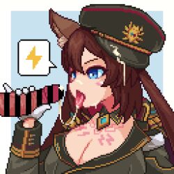 Rule 34 | 1girl, animal ears, bar censor, blue eyes, breasts, brown hair, caleen keemosn, censored, choker, cleavage, commission, cum, cum on headwear, cum string, facial, fellatio, fox ears, fox ears, fox girl, fox tail, hair ribbon, handjob, hat, large breasts, licking, licking penis, long hair, looking at penis, military, military hat, military uniform, multiple tails, o2a1, open mouth, oral, penis, pixel art, ribbon, runes, solo focus, star ocean, star ocean anamnesis, tail, tongue, tongue out, twintails, uniform, very long hair