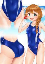 Rule 34 | 1girl, aqua eyes, ass, baba konomi, blue sky, blue one-piece swimsuit, braid, brown hair, cloud, competition swimsuit, contrapposto, covered navel, cowboy shot, gluteal fold, highleg, highleg swimsuit, highres, idolmaster, idolmaster million live!, long hair, multiple views, naka ushiro, one-piece swimsuit, single braid, sky, smile, standing, swimsuit, whistle, whistle around neck