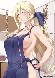 Rule 34 | 1girl, adjusting clothes, alternate costume, alternate hairstyle, apron, blonde hair, blue apron, blue eyes, breasts, collarbone, darkmaya, hair between eyes, kantai collection, large breasts, long hair, mole, mole under eye, mole under mouth, naked apron, ponytail, richelieu (kancolle), sideboob, solo, standing, translation request, yellow eyes