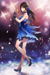 Rule 34 | 1girl, bare shoulders, blush, brown hair, choker, dress, earrings, gloves, glowstick, green eyes, hair ornament, high heels, highres, idolmaster, idolmaster cinderella girls, idolmaster cinderella girls starlight stage, jewelry, necklace, raran (lllng000), shibuya rin, solo, stage lights