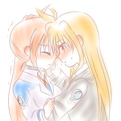 Rule 34 | 2girls, blonde hair, blush, breath, brown hair, couple, embarrassed, fate testarossa, highres, imminent kiss, long hair, looking at another, lyrical nanoha, mahou shoujo lyrical nanoha, mahou shoujo lyrical nanoha strikers, mahou shoujo lyrical nanoha vivid, military uniform, multiple girls, red eyes, shaking, side ponytail, simple background, takamachi nanoha, uniform, very long hair, wara neko, waraneko, white background, yuri