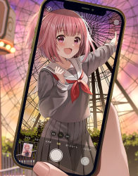 Rule 34 | 1girl, :d, black shirt, black skirt, blush, cellphone, cellphone photo, commentary request, ferris wheel, highres, holding, holding phone, looking at viewer, neckerchief, ootori emu, open mouth, outdoors, outstretched arm, phone, pink hair, pleated skirt, pointing, project sekai, purple eyes, red neckerchief, sailor collar, school uniform, serafuku, shirt, skirt, smile, solo focus, sunset, white sailor collar, yuuka nonoko