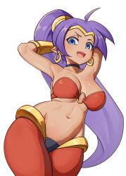 Rule 34 | 1girl, :d, ahoge, ajidot, bandeau, black choker, blue eyes, breasts, choker, commentary request, cowboy shot, earrings, highres, hoop earrings, jewelry, large breasts, long hair, looking at viewer, midriff, navel, o-ring, o-ring top, open mouth, pants, pointy ears, ponytail, purple hair, red pants, shantae, shantae (series), simple background, smile, solo, standing, stomach, thighs, very long hair, white background