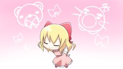 1girl blonde_hair bow buri_hamachi chibi child doseisan dress frilled_dress frills hair_bow highres mother_(series) mother_2 nintendo parody paula_(mother_2) pink_dress red_bow short_hair user_mhhf5844