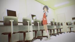 Rule 34 | 1girl, black eyes, black hair, chair, commentary request, computer, desk, dress, full body, indoors, kaai yuki, kurobeko (kur0bek0), looking at viewer, monitor, office chair, red dress, short twintails, smile, socks, solo, swivel chair, twintails, vocaloid