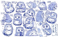 Rule 34 | &gt; &lt;, 10s, 1girl, animal costume, blue theme, blush, chibi, doma umaru, expressions, closed eyes, hamster costume, happy, highres, himouto! umaru-chan, hood, komaru (himouto! umaru-chan), long hair, monochrome, necolumbus, open mouth, sakino shingetsu, sketch, smile, very long hair