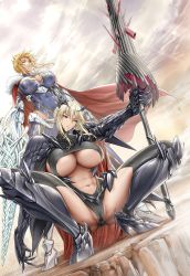 Rule 34 | 2girls, absurdres, ahoge, armor, armored boots, artoria pendragon (fate), artoria pendragon (lancer) (fate), artoria pendragon (lancer alter) (fate), black armor, black cape, black vs white, blonde hair, blue gloves, blue leotard, boots, braid, breasts, cape, center opening, cleavage, covered navel, crown, dark rhongomyniad, de mo ne, dual persona, fate/grand order, fate (series), female focus, french braid, fur-trimmed cape, fur trim, gauntlets, gloves, green eyes, hair between eyes, heattech leotard, highleg, highleg leotard, highres, holding, holding polearm, holding spear, holding weapon, horns, lance, large breasts, leotard, long hair, looking at viewer, multiple girls, navel, pauldrons, polearm, red cape, rhongomyniad (fate), shoulder armor, sidelocks, spear, spread legs, squatting, thighhighs, thighs, turtleneck, two-tone cape, underboob, weapon, yellow eyes