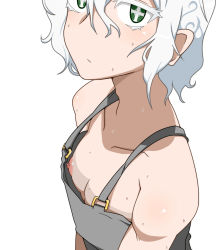 Rule 34 | + +, 1girl, breasts, flat chest, highres, looking at viewer, mantan, nipples, original, overalls, shiny skin, short hair, simple background, small breasts, sweat, upper body, white background, white hair