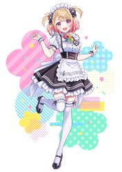 Rule 34 | 1girl, absurdres, apron, black bow, black footwear, blonde hair, blush, bow, bowtie, cat hair ornament, detached collar, dress, full body, gradient hair, hair bow, hair ornament, high heels, highres, indie virtual youtuber, looking at viewer, maid, maid headdress, mary janes, morikura en, multicolored hair, open mouth, otome moka, pink hair, puffy short sleeves, puffy sleeves, second-party source, shoes, short dress, short hair, short sleeves, solo, standing, standing on one leg, teeth, thighhighs, transparent background, two-tone hair, two side up, upper teeth only, virtual youtuber, waist apron, white thighhighs