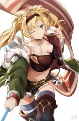 Rule 34 | 1girl, blonde hair, blue eyes, breasts, cleavage, collarbone, eyewear hang, granblue fantasy, grin, hairband, highres, jacket, long hair, looking at viewer, medium breasts, one eye closed, open clothes, open jacket, polearm, ririzuki10, skirt, smile, solo, sunglasses, tank top, thigh strap, thighhighs, twintails, unworn eyewear, weapon, zeta (dark) (granblue fantasy), zeta (granblue fantasy)