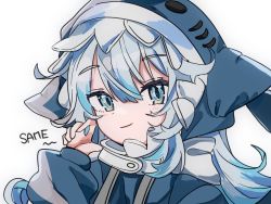 Rule 34 | 1girl, animal hood, bad id, bad twitter id, blue eyes, blue hair, blue hoodie, gawr gura, hololive, hololive english, hood, hoodie, looking at viewer, multicolored hair, nomi mushi, open hand, shark hood, silver hair, smile, solo, streaked hair, upper body, virtual youtuber, white background